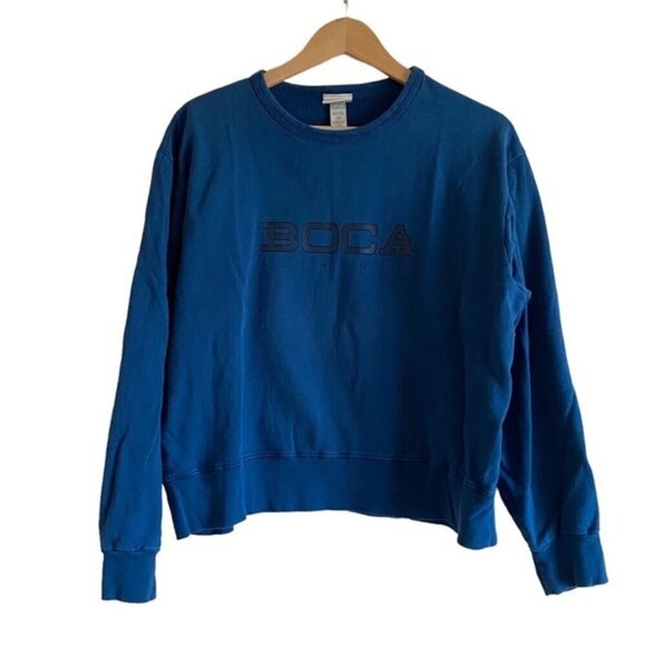 Vintage BOCA Cropped Sweatshirt Womans Large Blue Logo 100% Cotton Oversized 90s - Picture 1 of 16